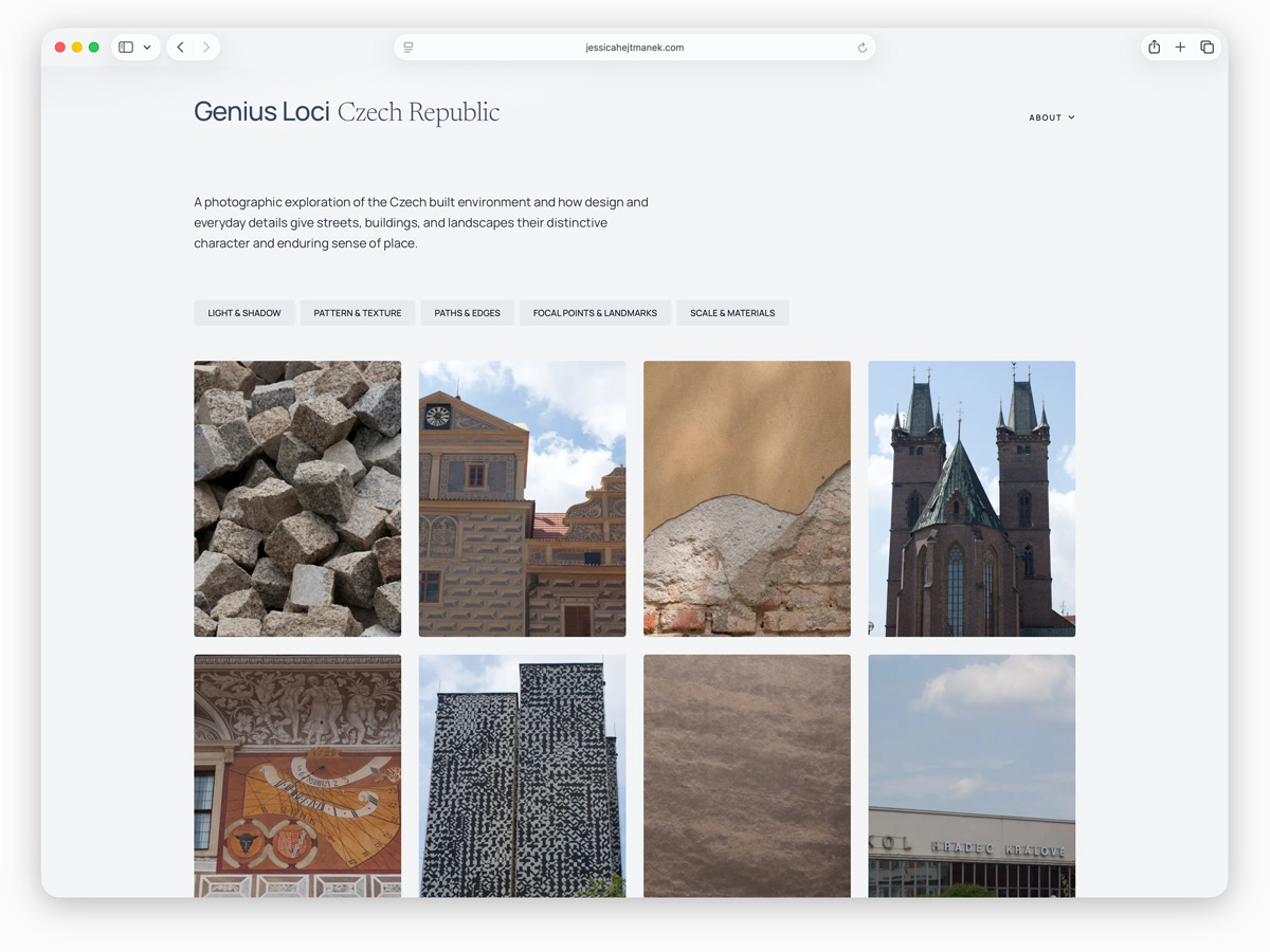 The Genius Loci site: a grid of photographs of Czech buildings, textures, and details